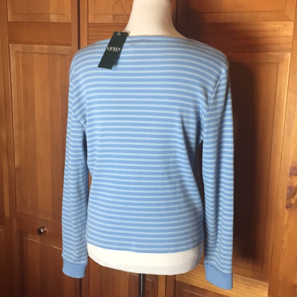 RALPH LAUREN Size LARGE Pullover Henley Dual-Blue Striped Ribbed Cotton $125 NEW - Picture 2 of 8